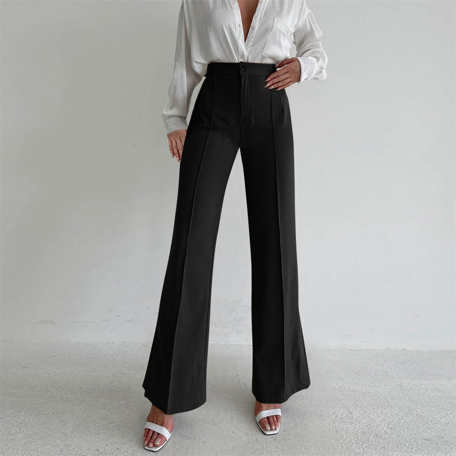 thumbnail image 2 of Pantalones holgados informales para mujer: pantalones rectos con abertura, cintura elástica, tallas S-L, 2 of 7
